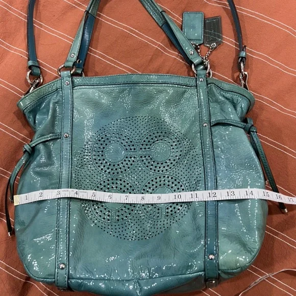 Coach Aubrey Aqua Marine-2 Tone Patent Leather Tote W/Shoulder Strap & Handles - Picture 14 of 16